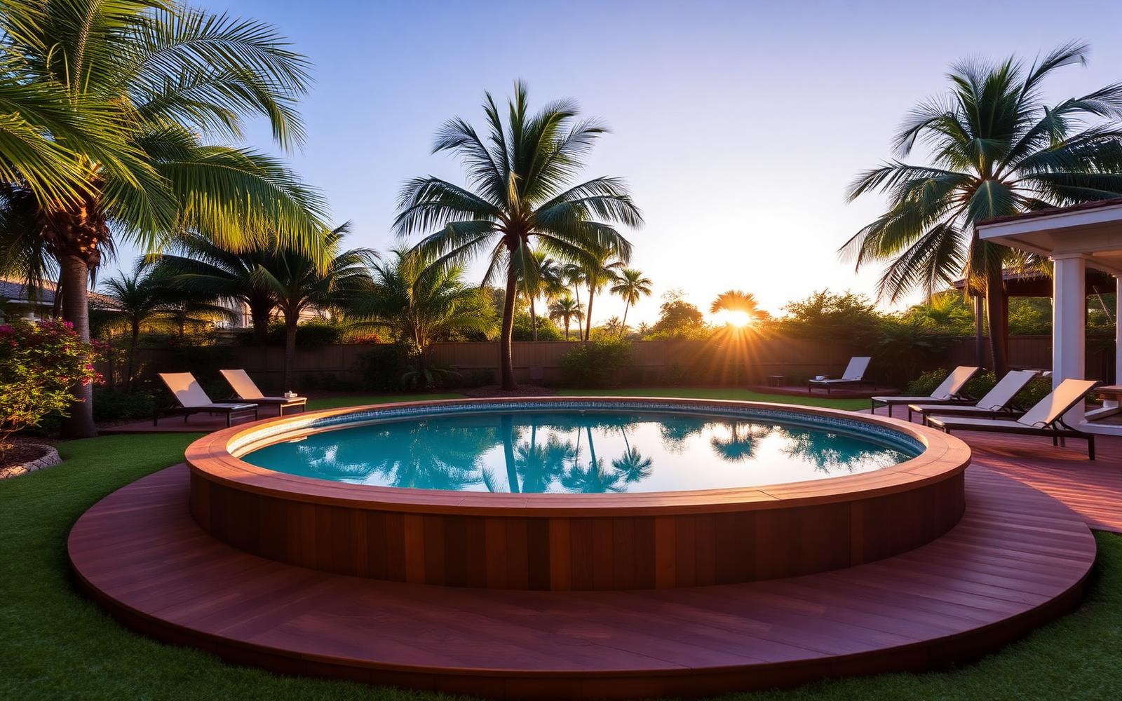 Round aboveground pool with timber surround deck in a lush Oakland Park backyard at sunset
