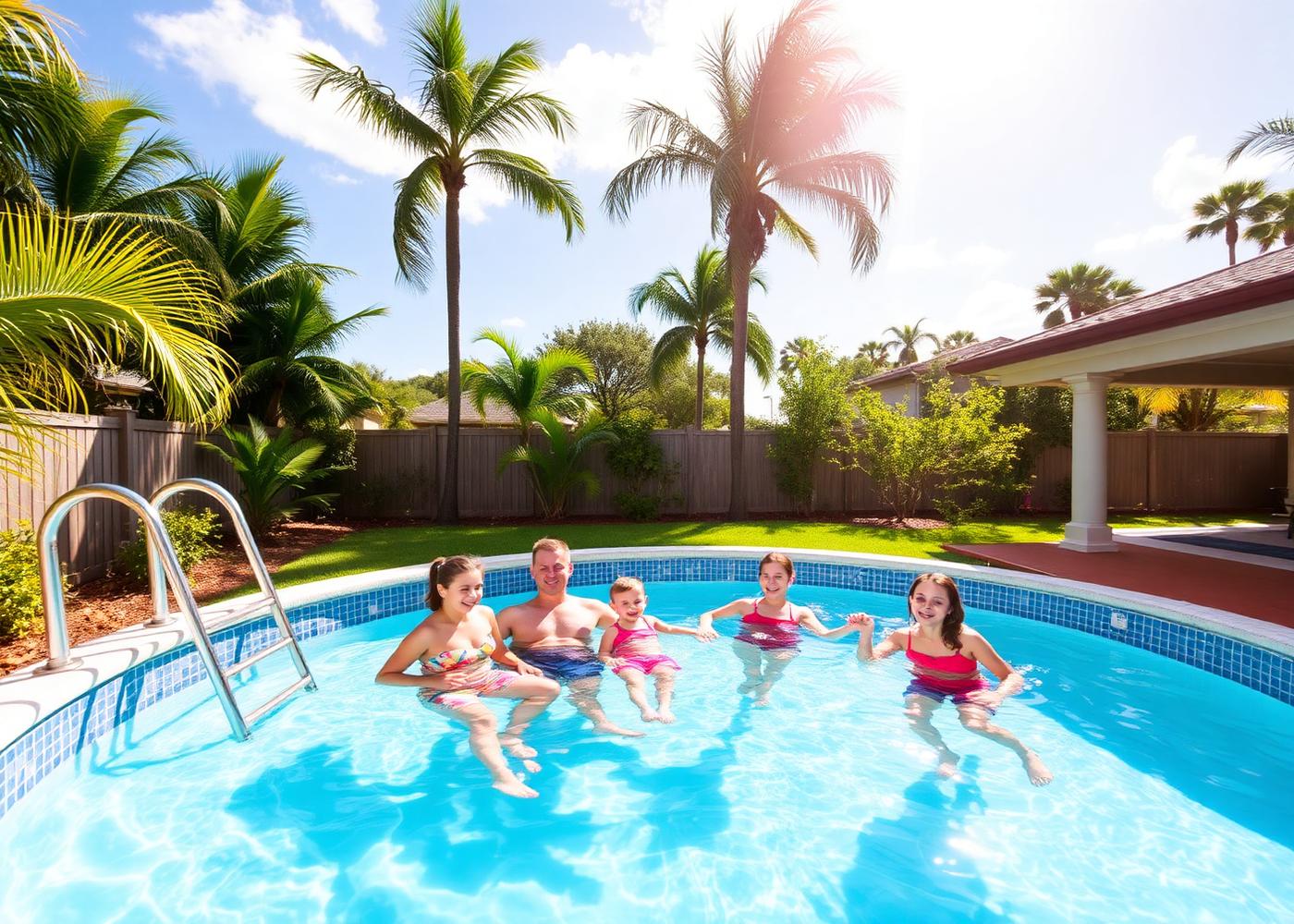 Family enjoying an oval aboveground pool in a sunny South Florida backyard