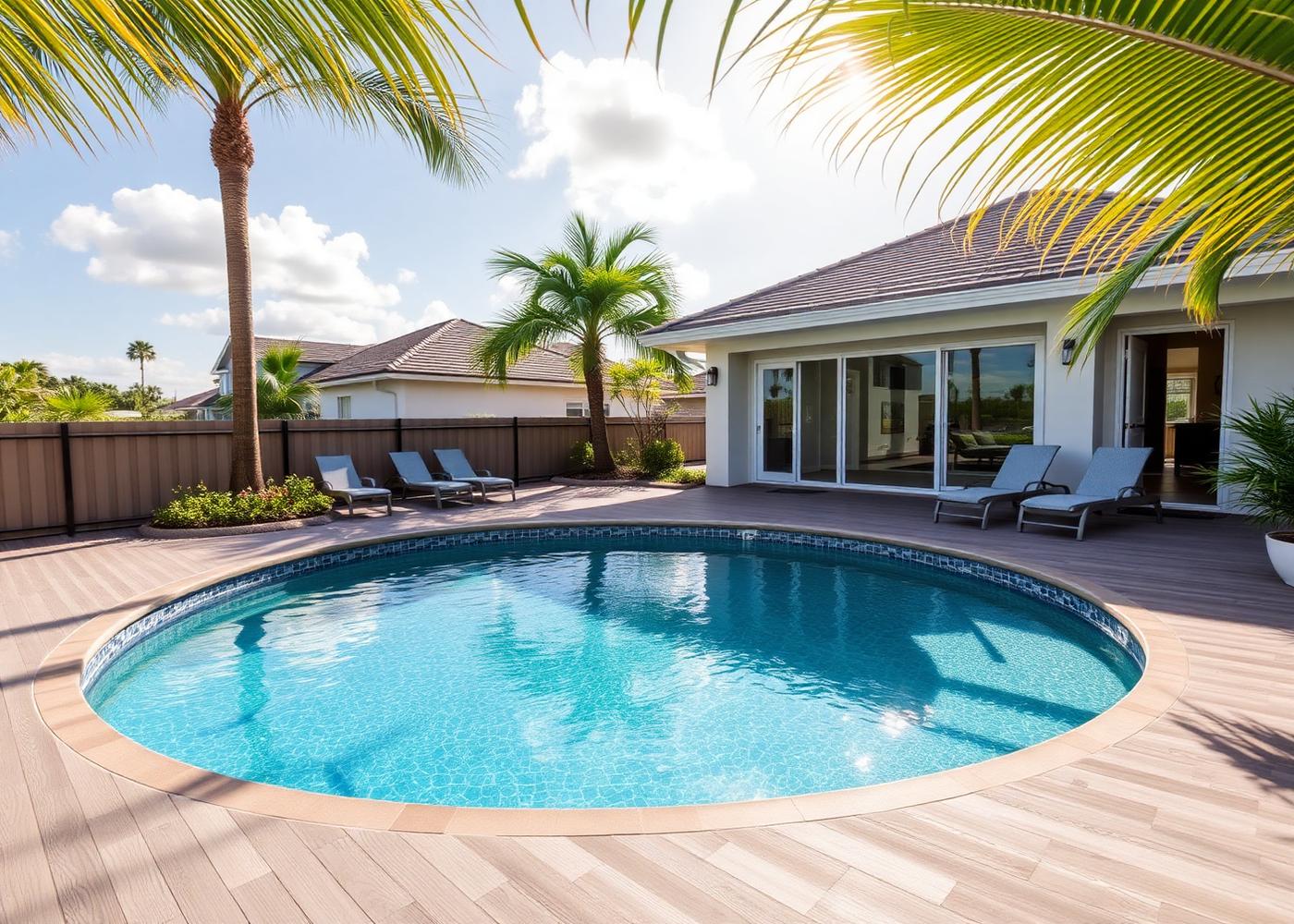 Round aboveground pool with composite deck surround in a sunny Florida yard