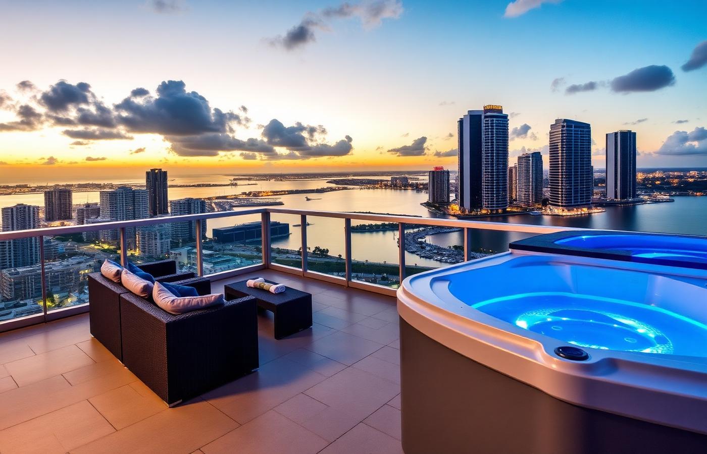 Illuminated spa on a high-rise Aventura terrace overlooking the marina at dusk