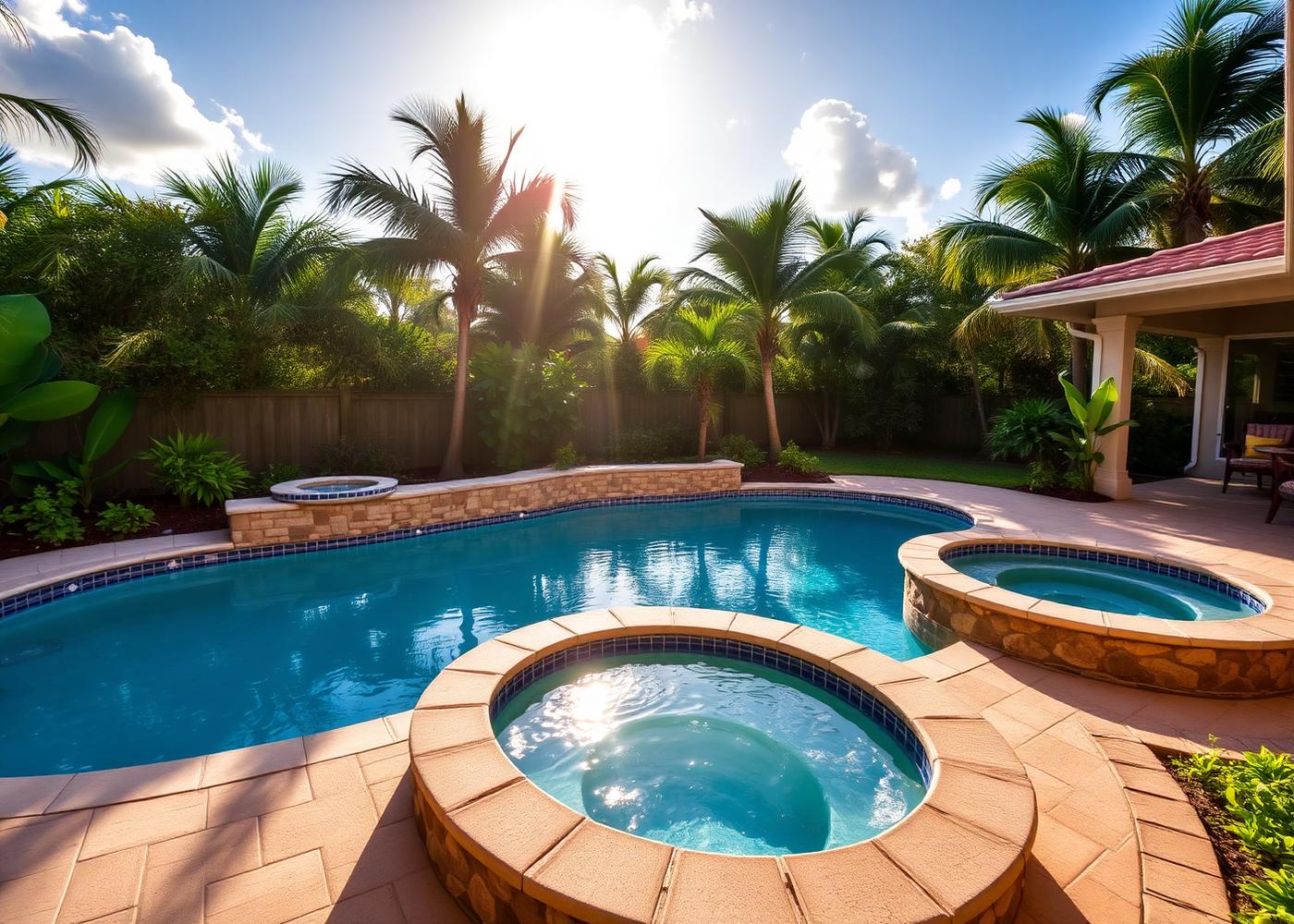 Sunlit Pompano Beach backyard with a pool and spa surrounded by palms