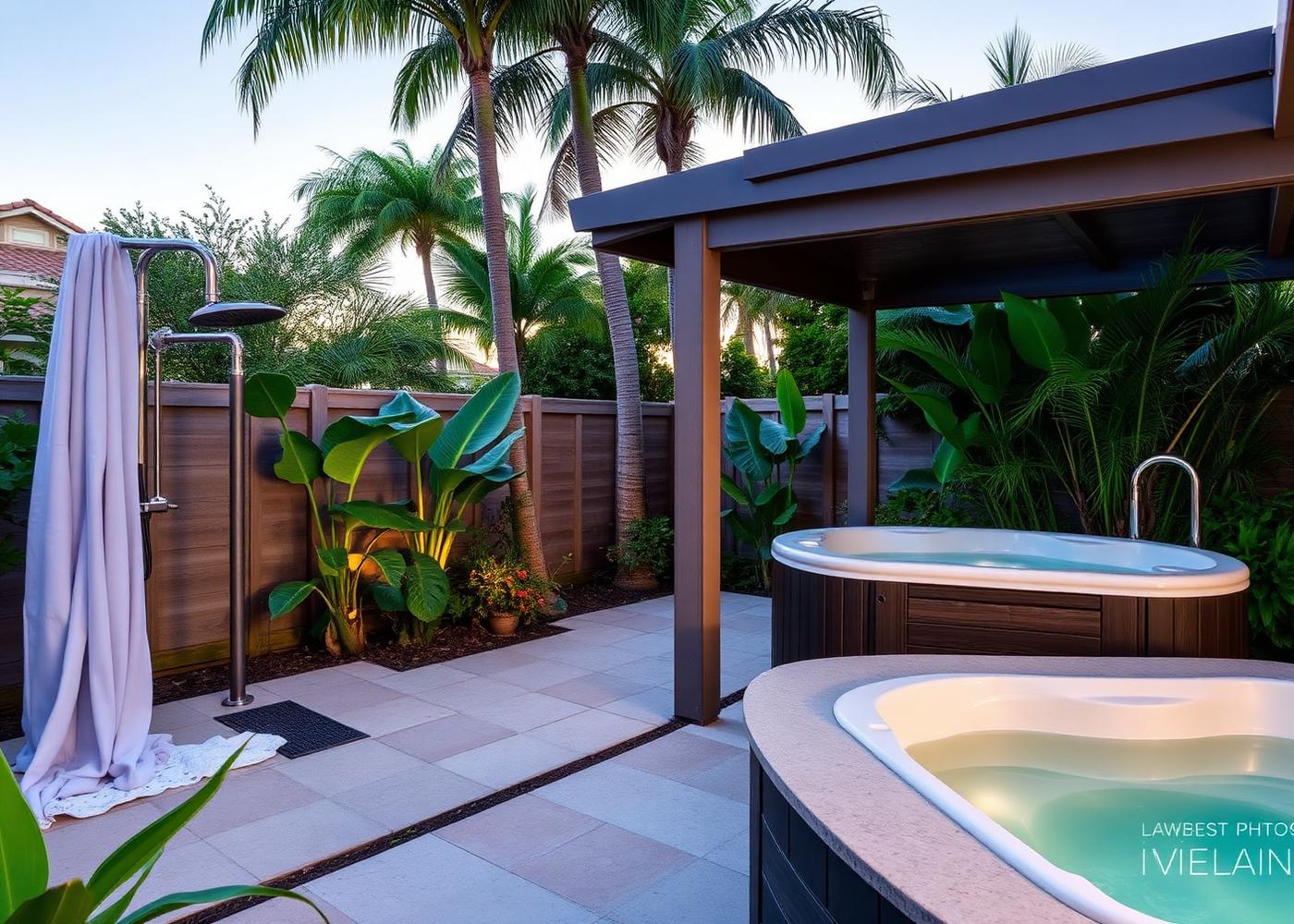 Hollywood Florida backyard wellness area with a covered spa, outdoor shower and tropical plants