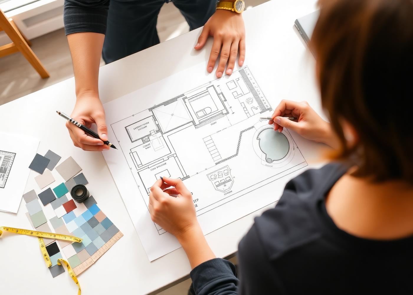 Designer sketching a backyard wellness layout with hot tub and cold plunge placement