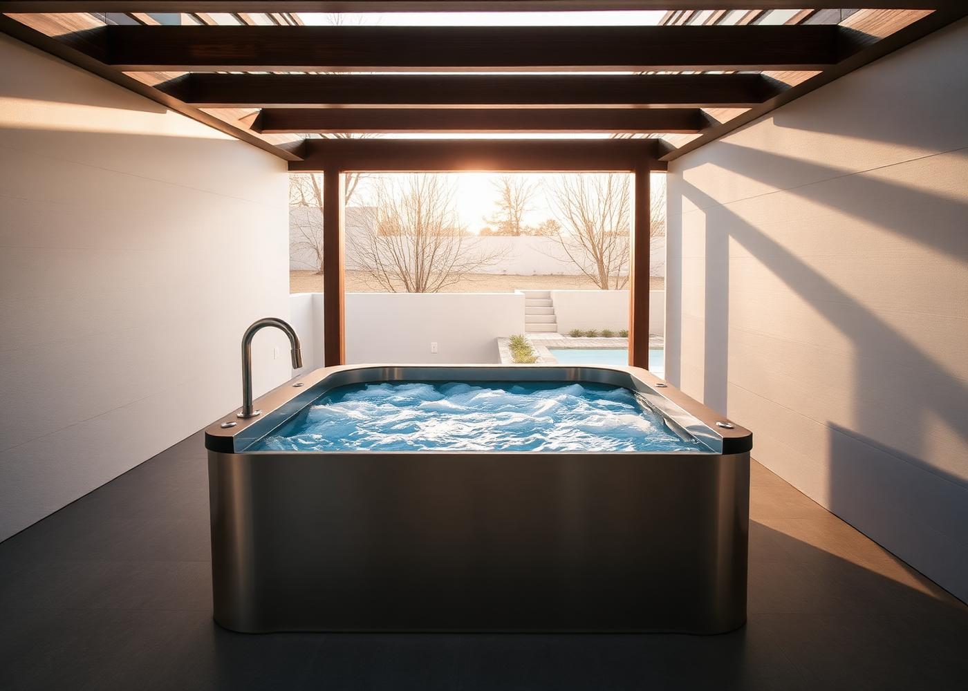 Stainless steel cold plunge tub with icy water on a covered patio