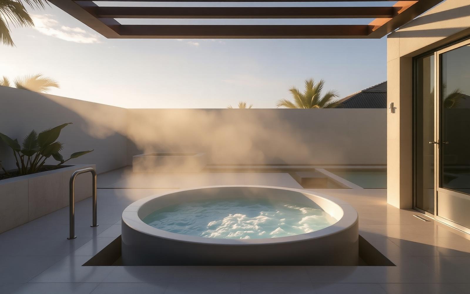 Modern cold plunge tub with clear icy water on a minimalist South Florida patio at dawn