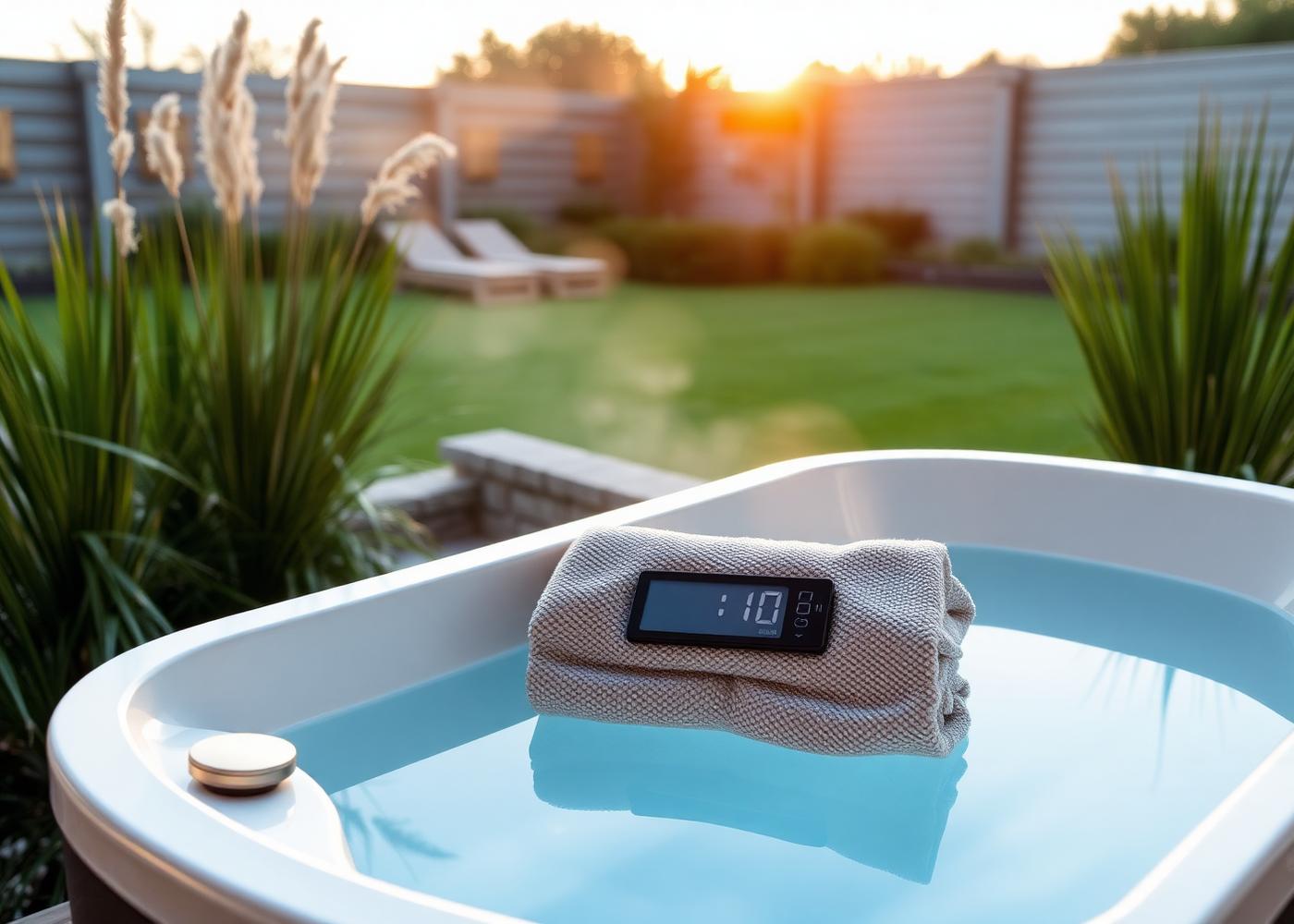 Cold plunge tub with towel and timer in a landscaped garden recovery corner at sunrise