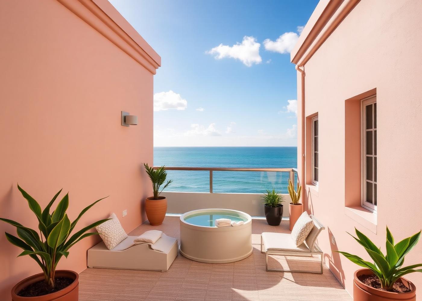 Compact terrace spa on a pastel Miami Beach building with the ocean beyond