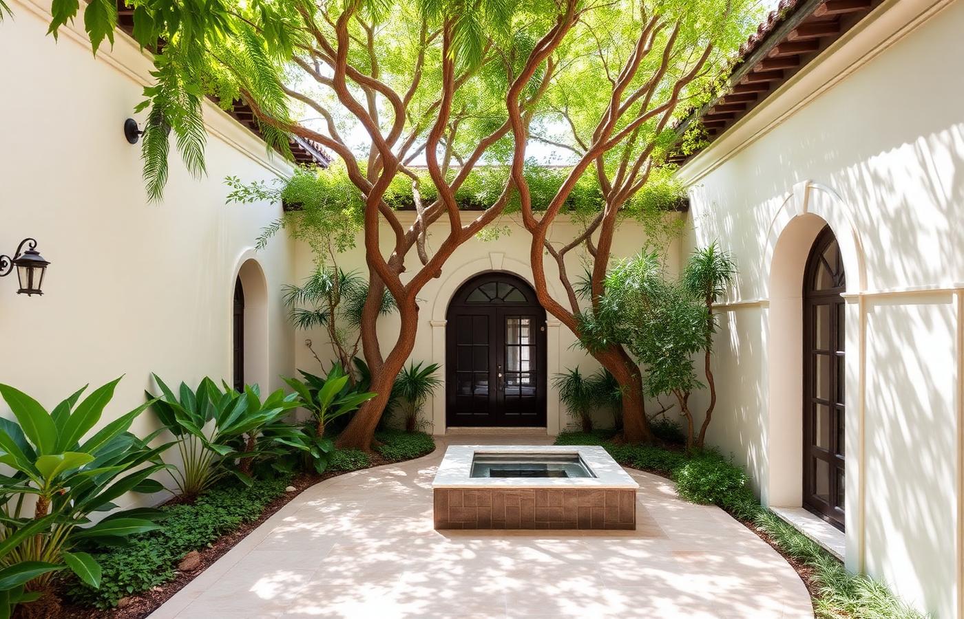 Shaded Coral Gables courtyard with coral stone, banyan trees and a water feature