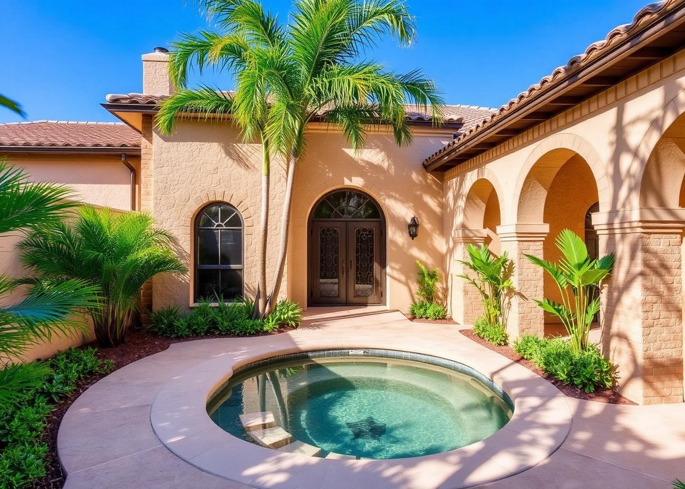 Coral Gables Mediterranean home courtyard with arches, palms and a discreet spa
