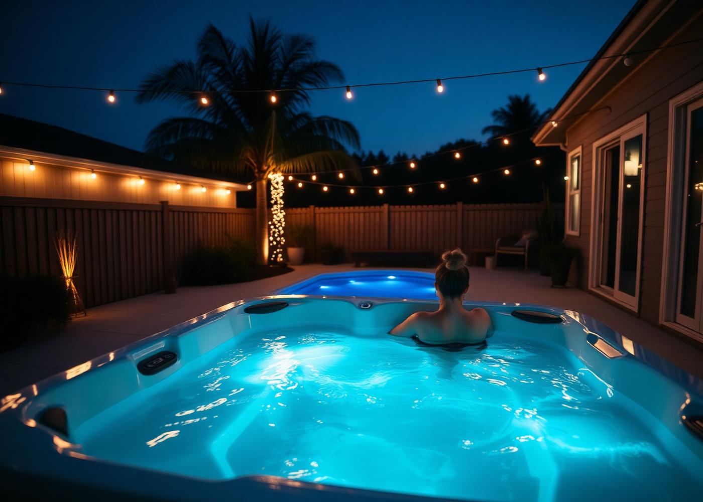 Illuminated hot tub and pool pairing on a backyard terrace at night