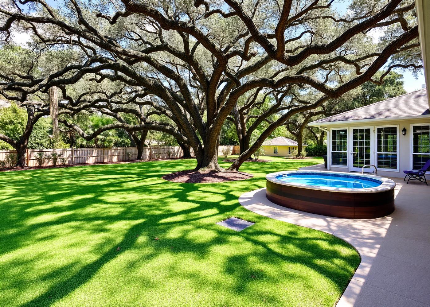 Large Plantation Florida backyard with oaks, lawn and a hot tub on a patio