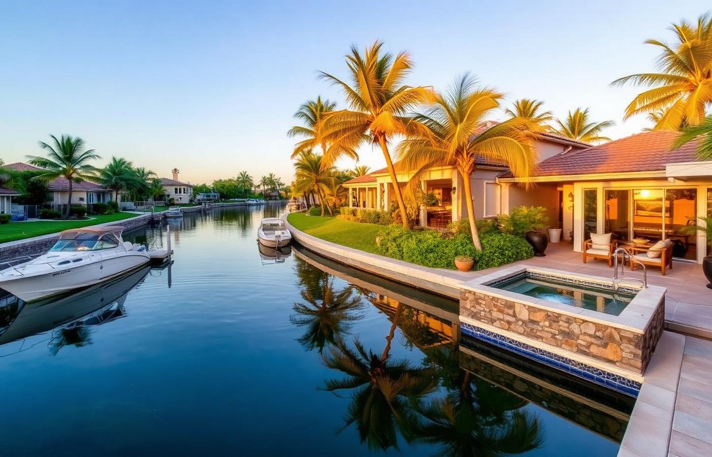 Fort Lauderdale canal-front home with a spa on the patio and a docked boat