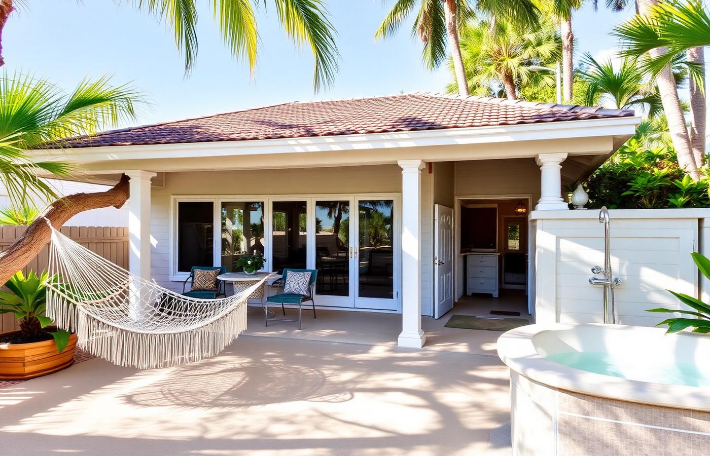 Compact shaded patio in Hollywood, Florida suited to a small pool