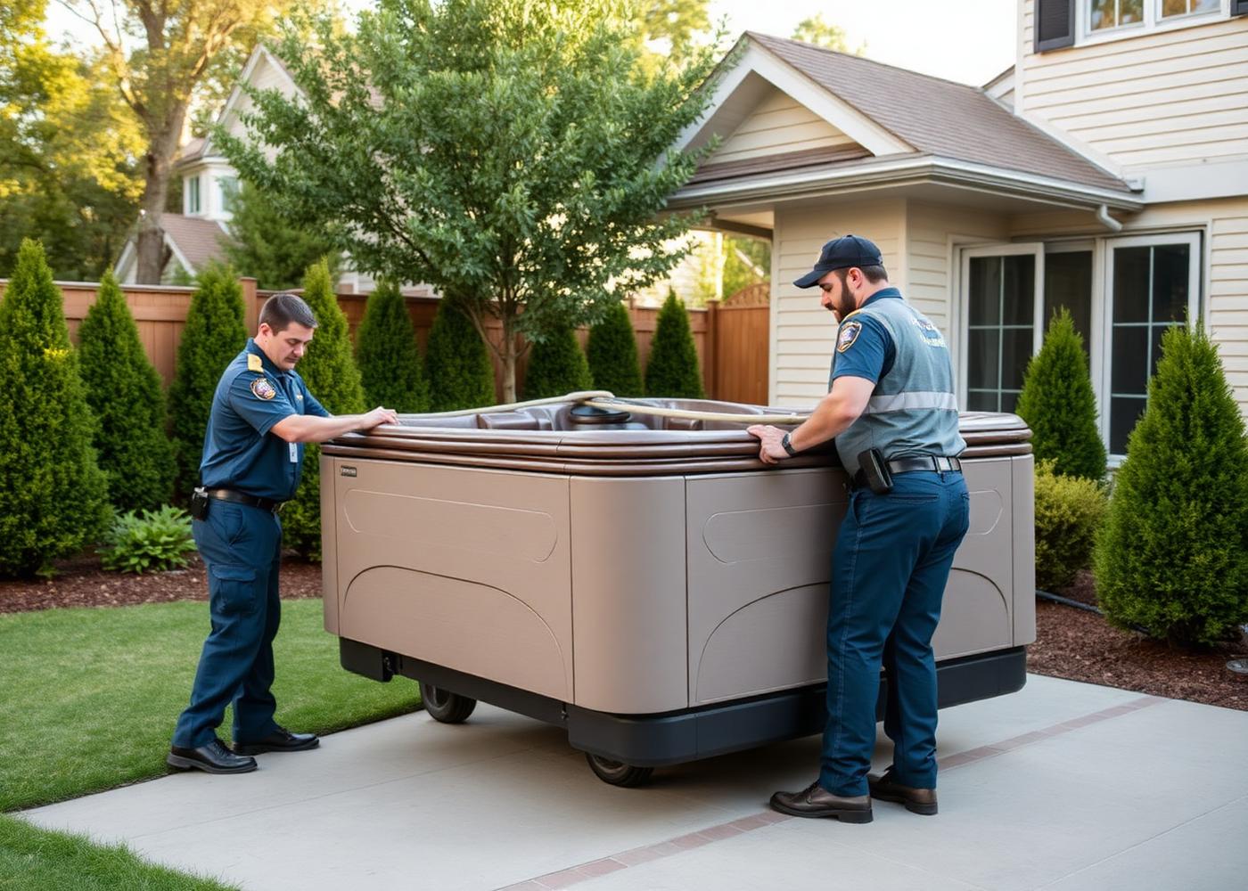 Installation crew carefully positioning a hot tub on a prepared patio base