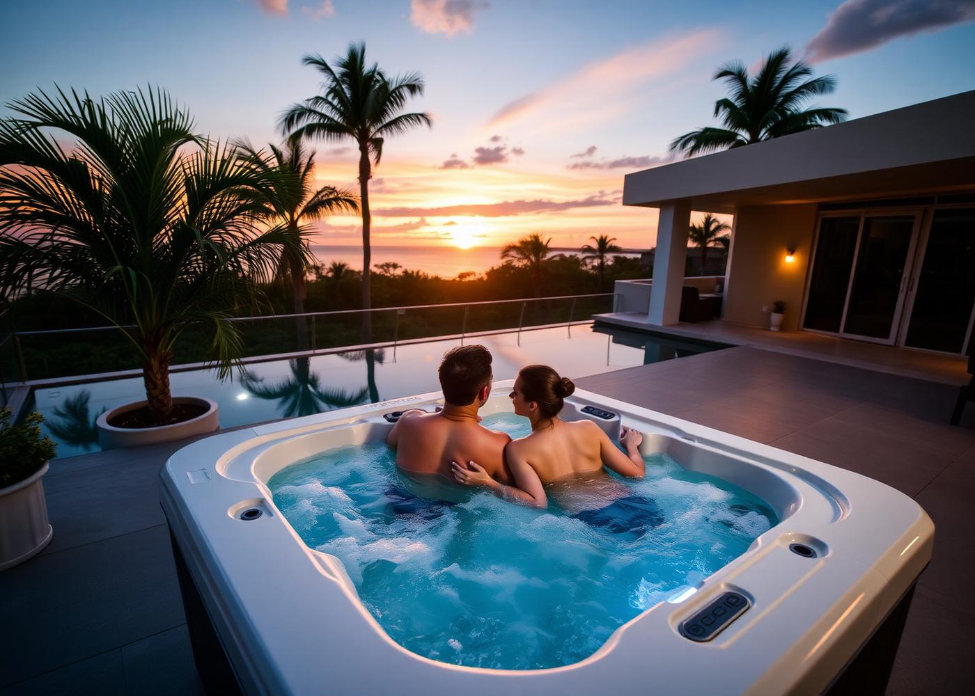 Couple relaxing in a premium hot tub on a South Florida patio at sunset