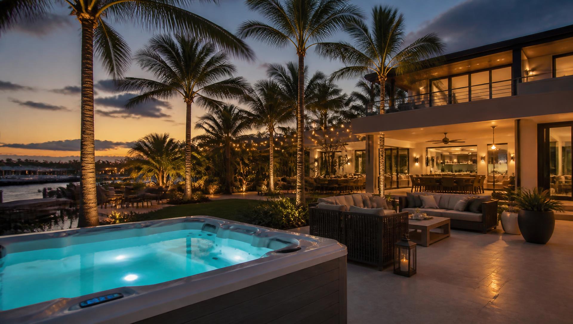 Illuminated hot tub on a luxury South Florida terrace at dusk with palm trees