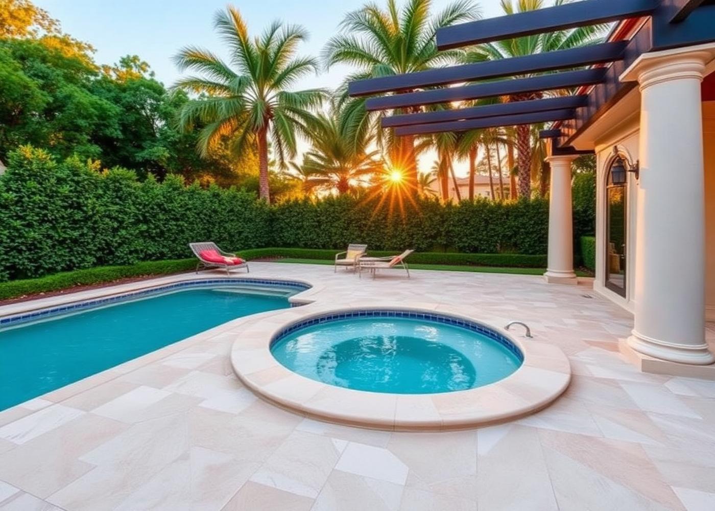 Luxury Boca Raton backyard with travertine deck, hedges and a spa under a pergola