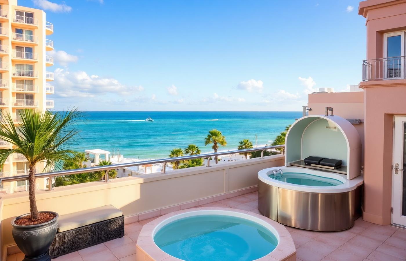 Rooftop terrace spa in Miami Beach with an ocean view and art deco surroundings