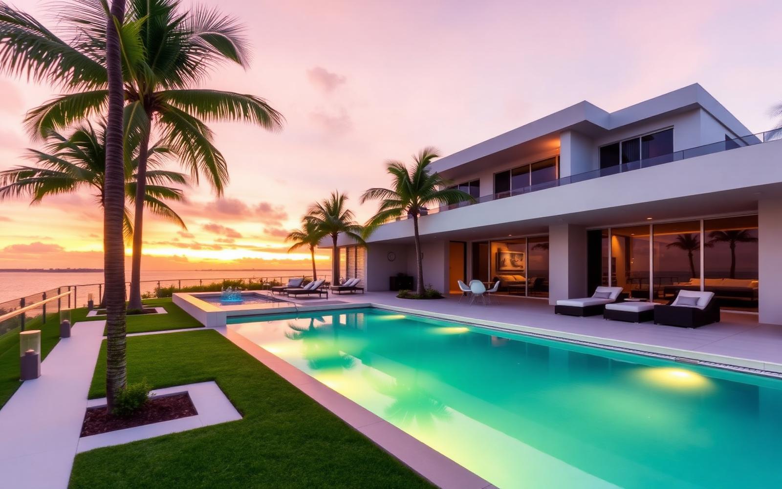 Modern Miami waterfront home with palms, illuminated pool and outdoor lounge at sunset