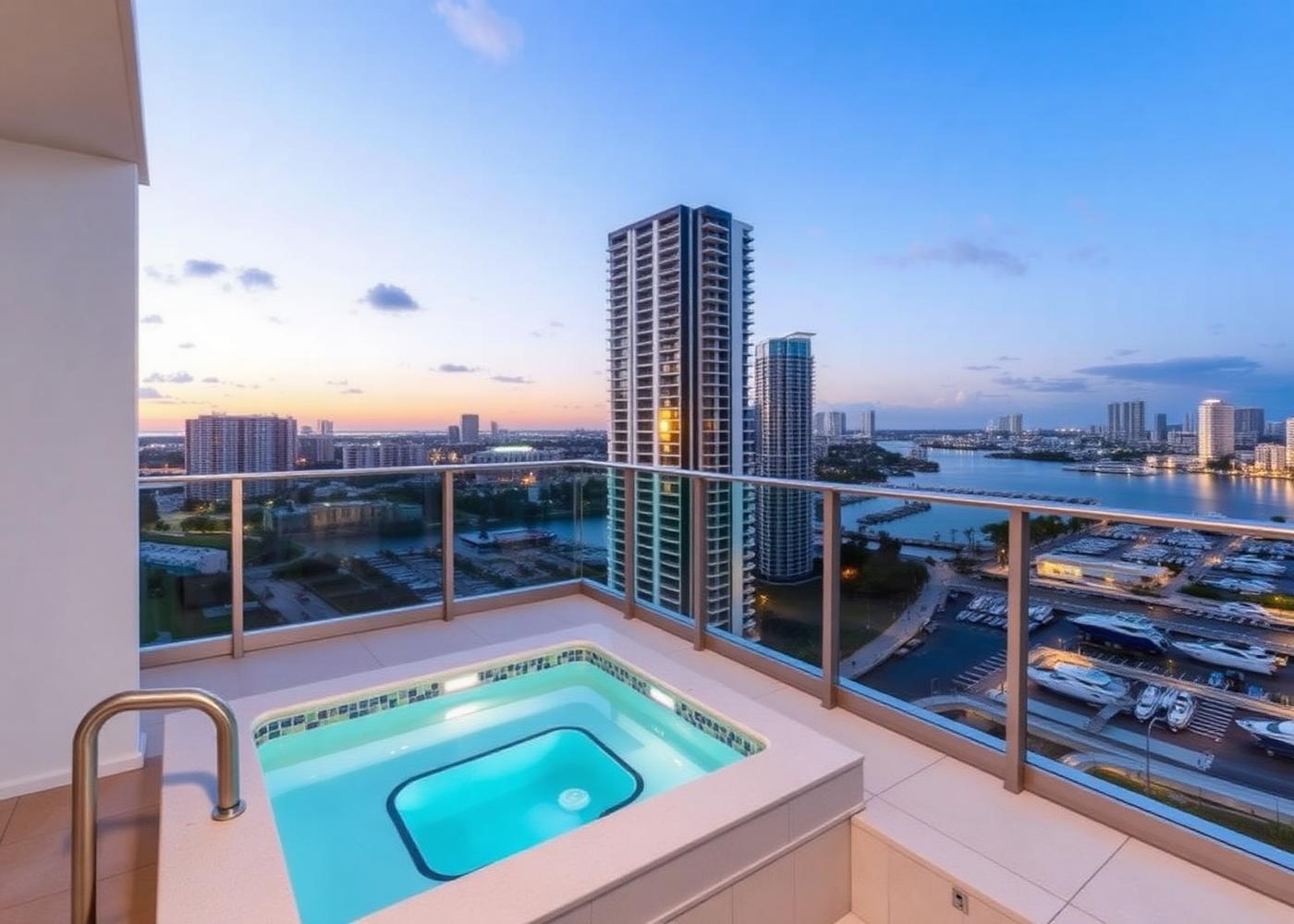 Modern Aventura high-rise terrace with a compact spa and marina skyline at blue hour