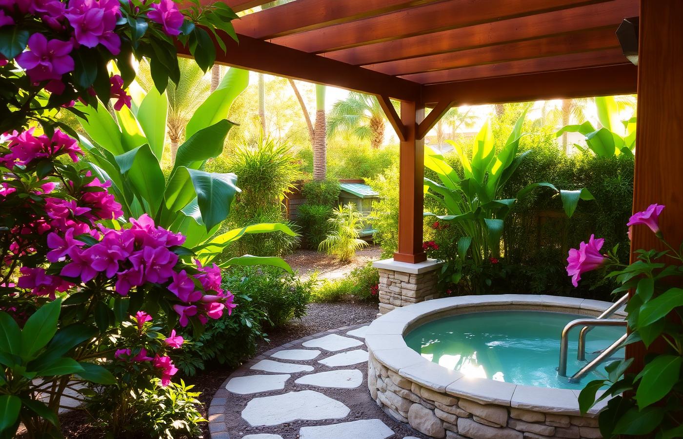 Stone-surround cold plunge in a tropical garden with bougainvillea