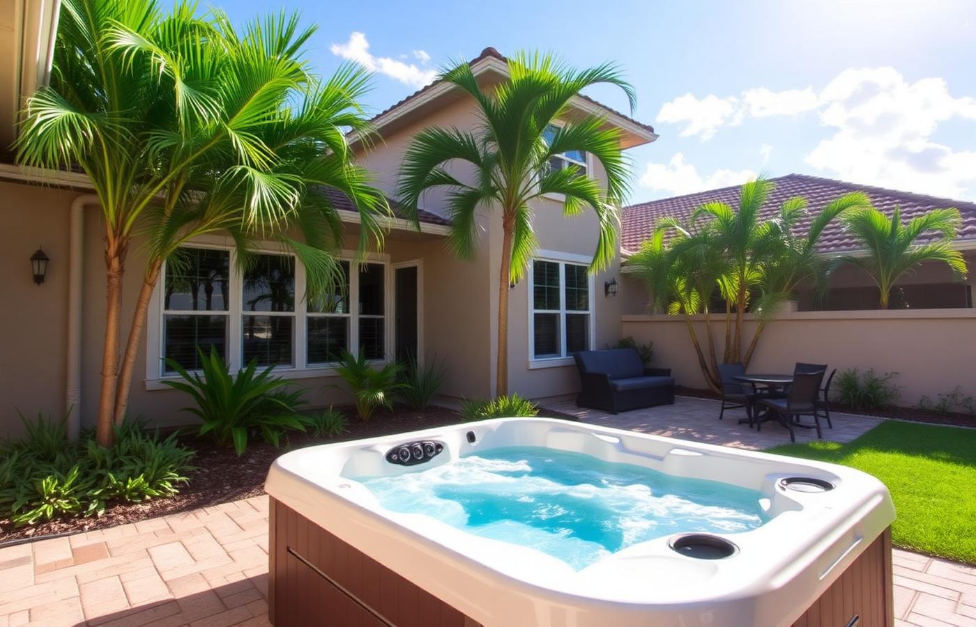 Lounge-seat hot tub with clear bubbling water on a South Florida paver patio