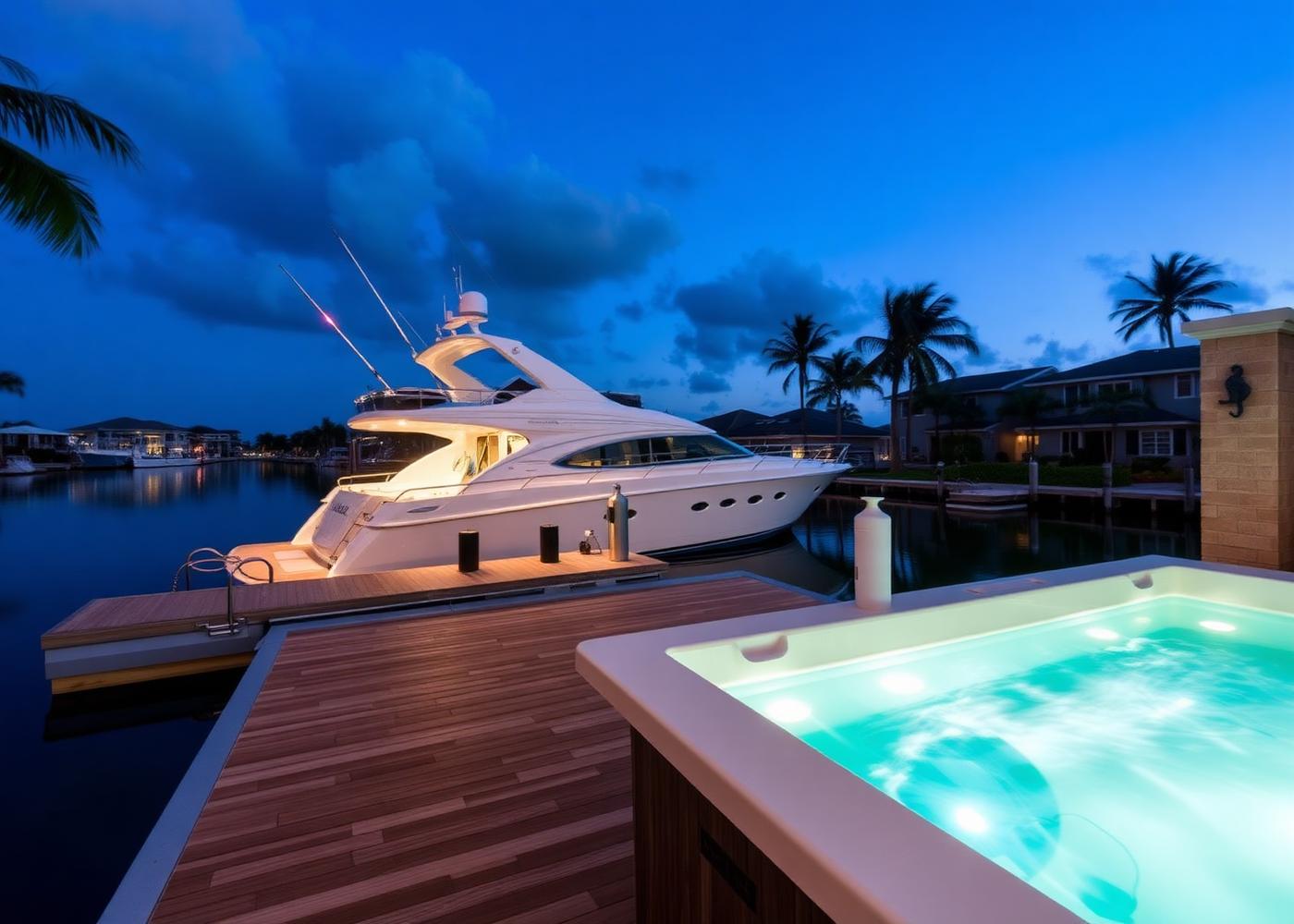 Fort Lauderdale canal-front deck at blue hour with a lit spa and a yacht at the dock
