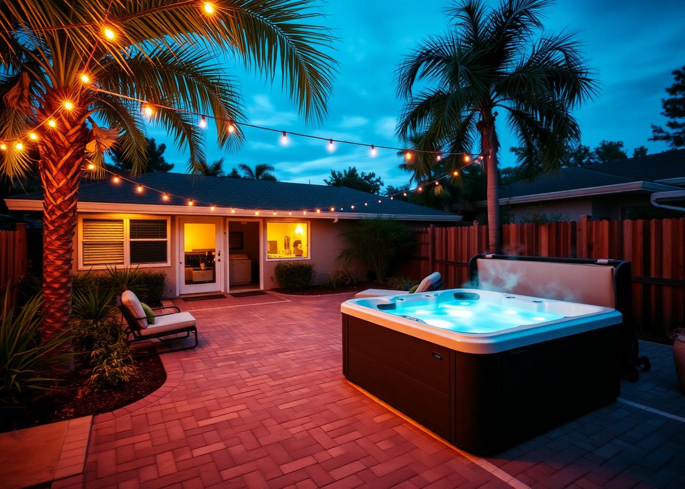 Oakland Park backyard at dusk with string lights and a steaming hot tub on pavers