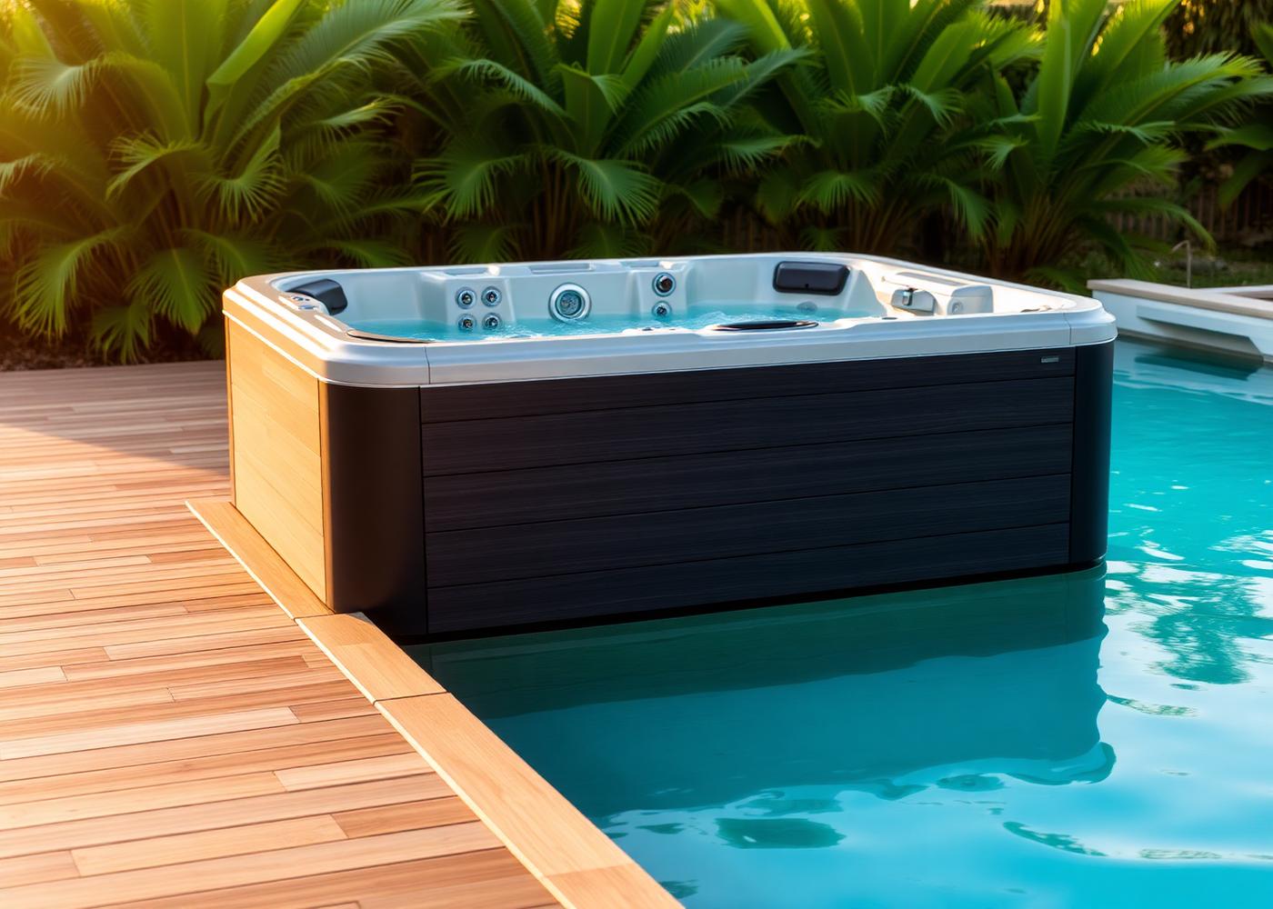Premium hot tub with dark cabinet beside a pool on a timber deck at golden hour