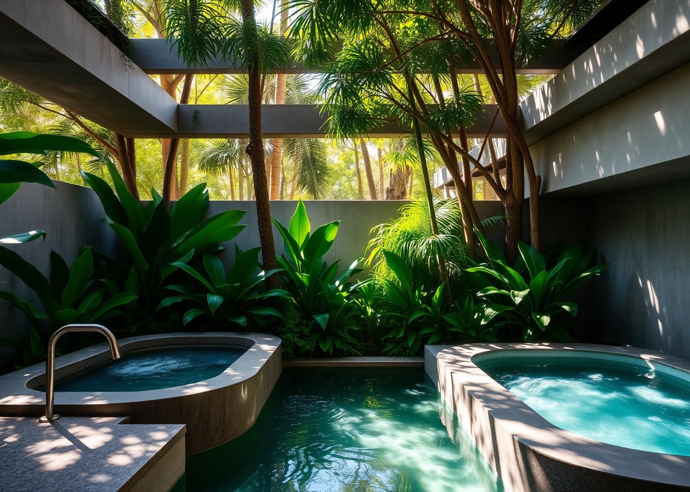 Private Miami wellness retreat with a hot tub and cold plunge among lush tropical planting