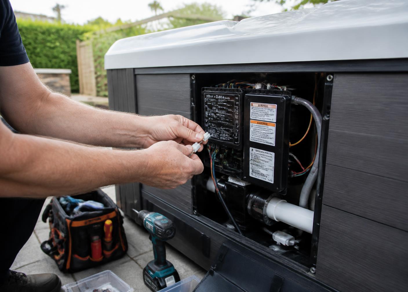 Technician connecting hot tub equipment inside the cabinet bay