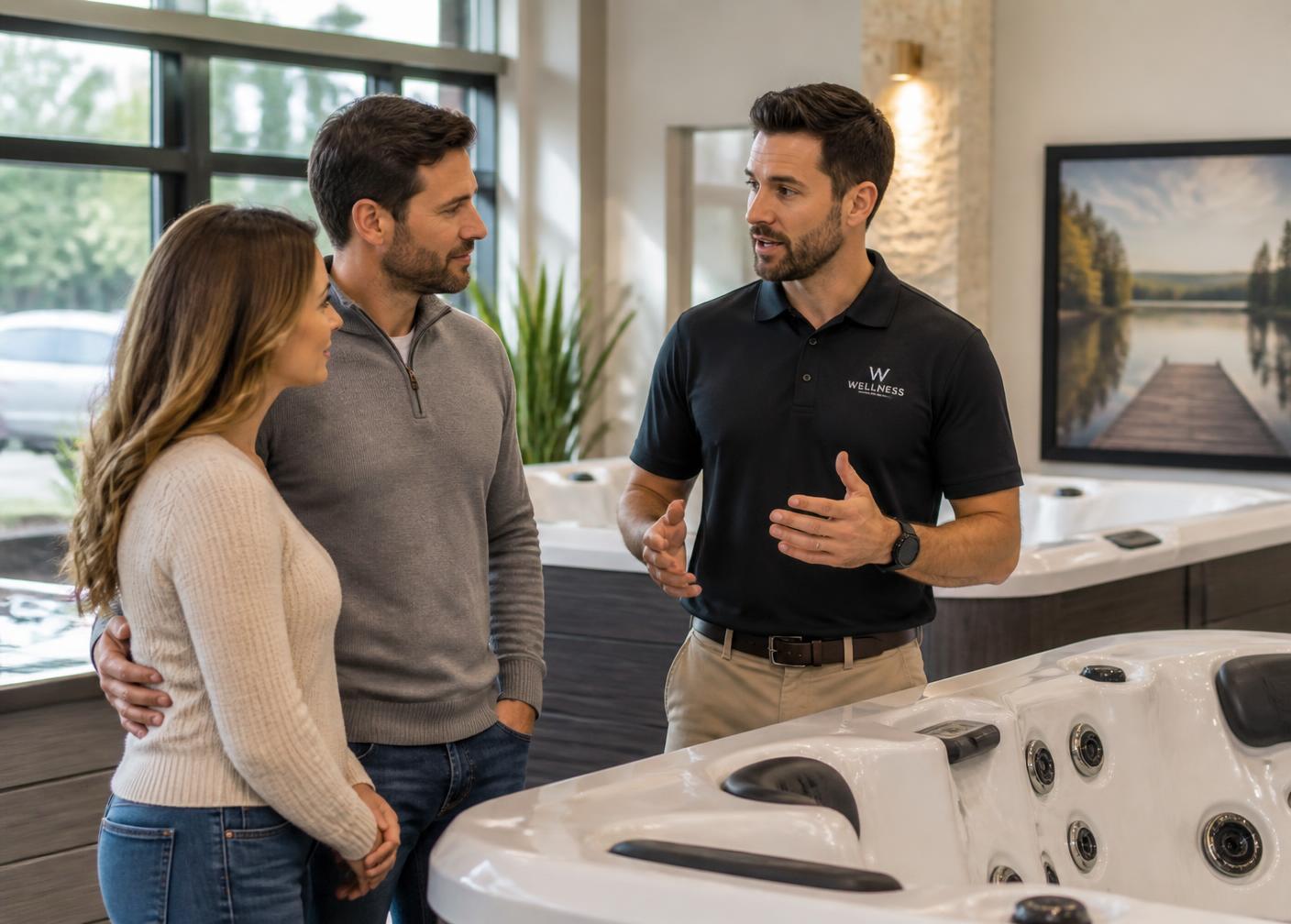 Recreational Wellness specialist guiding a couple through hot tub options
