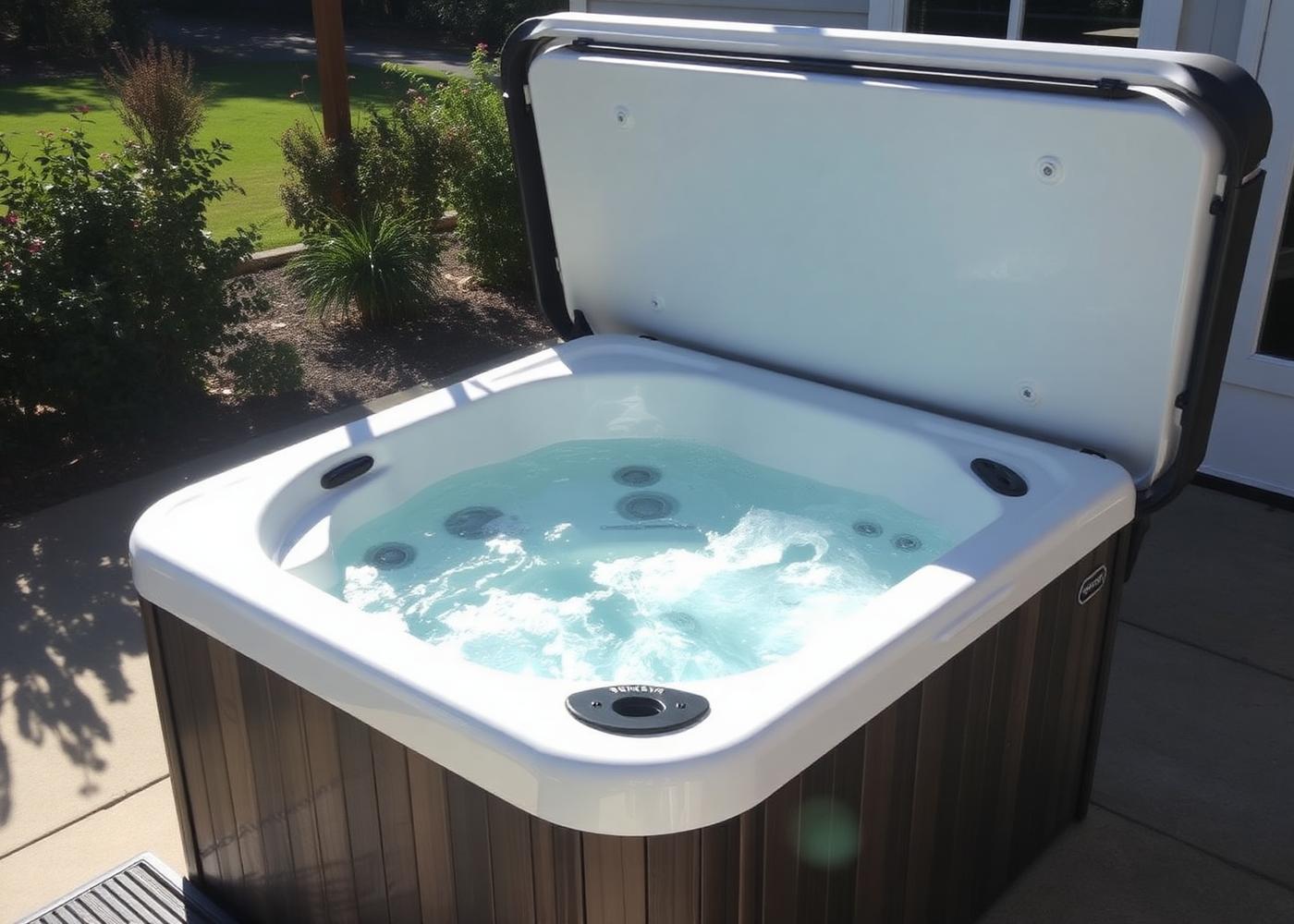 Freshly serviced hot tub with clean shell and open cover on a tidy patio