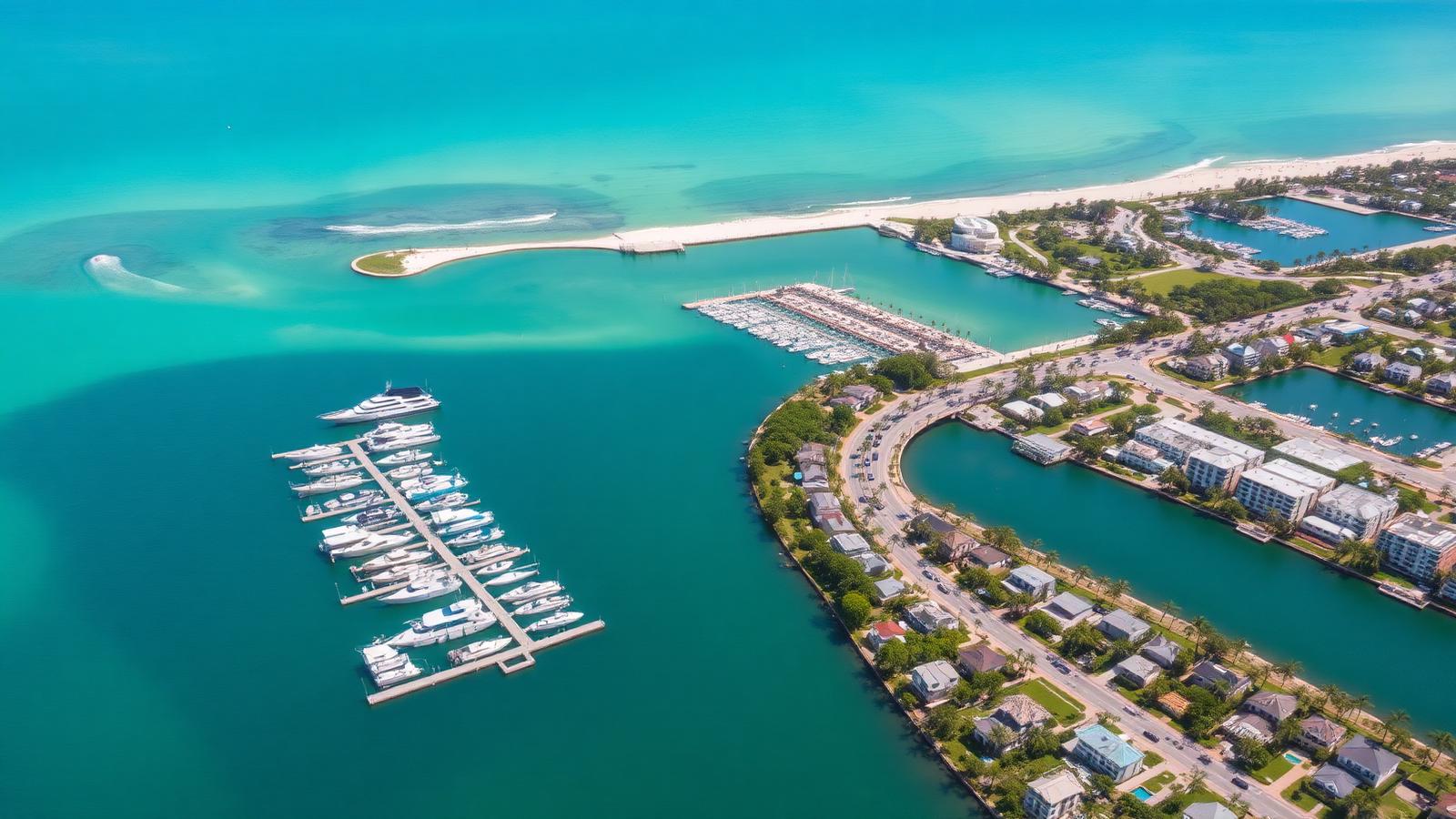 Aerial view of the Dania Beach area coastline, marina and residential streets