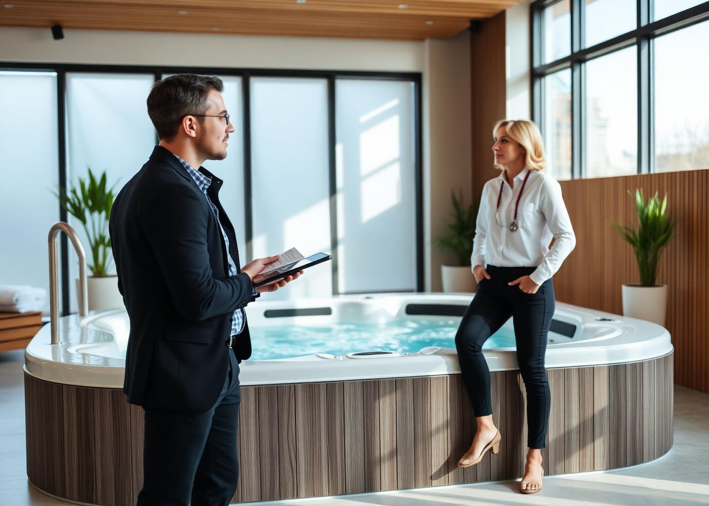 Spa specialist reviewing hot tub options with a customer in a bright showroom