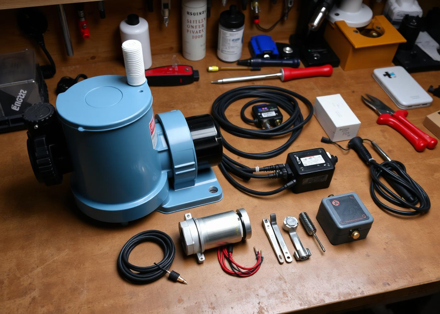 Replacement spa pump, heater element and control components laid out on a workbench