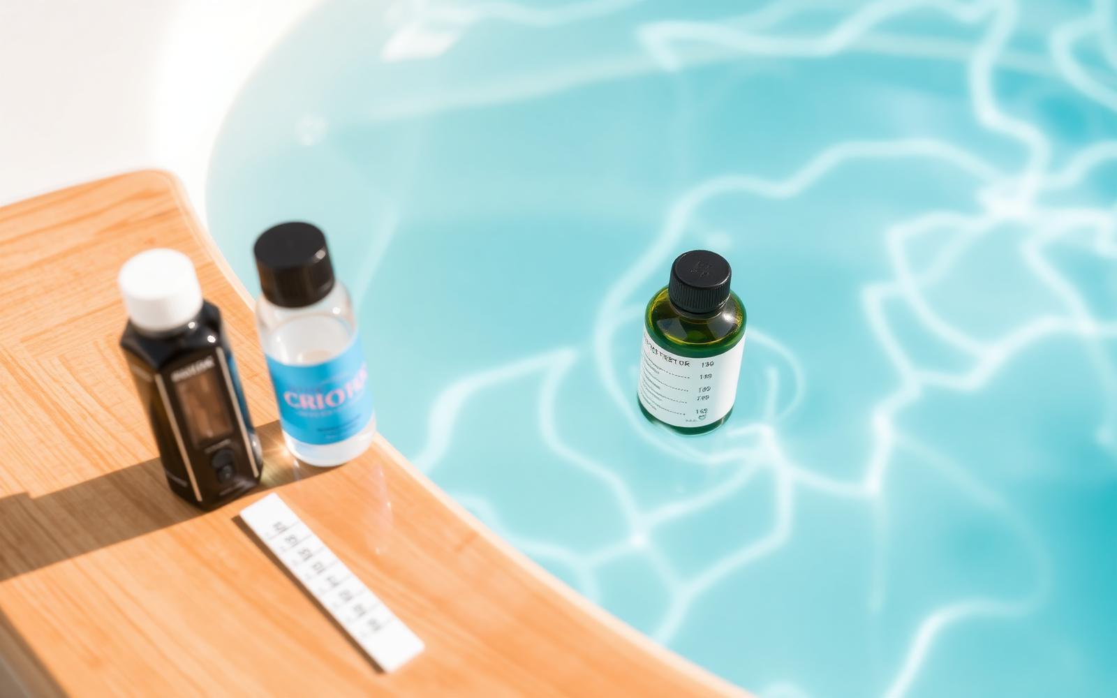 Spa test strips and water balancing bottles beside crystal clear hot tub water