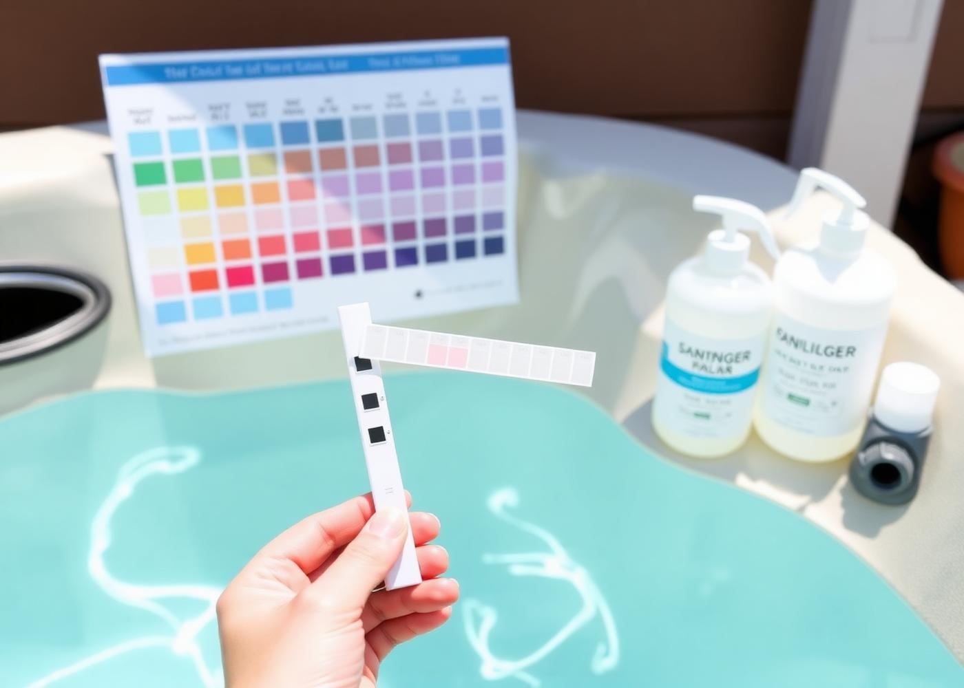 Hand comparing a spa test strip against a color chart beside a hot tub