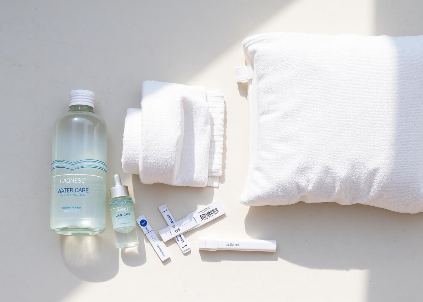 Spa towels, water care products and test strips arranged on a stone surface