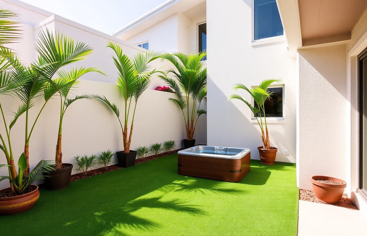 Compact square hot tub in a walled townhouse courtyard with potted palms
