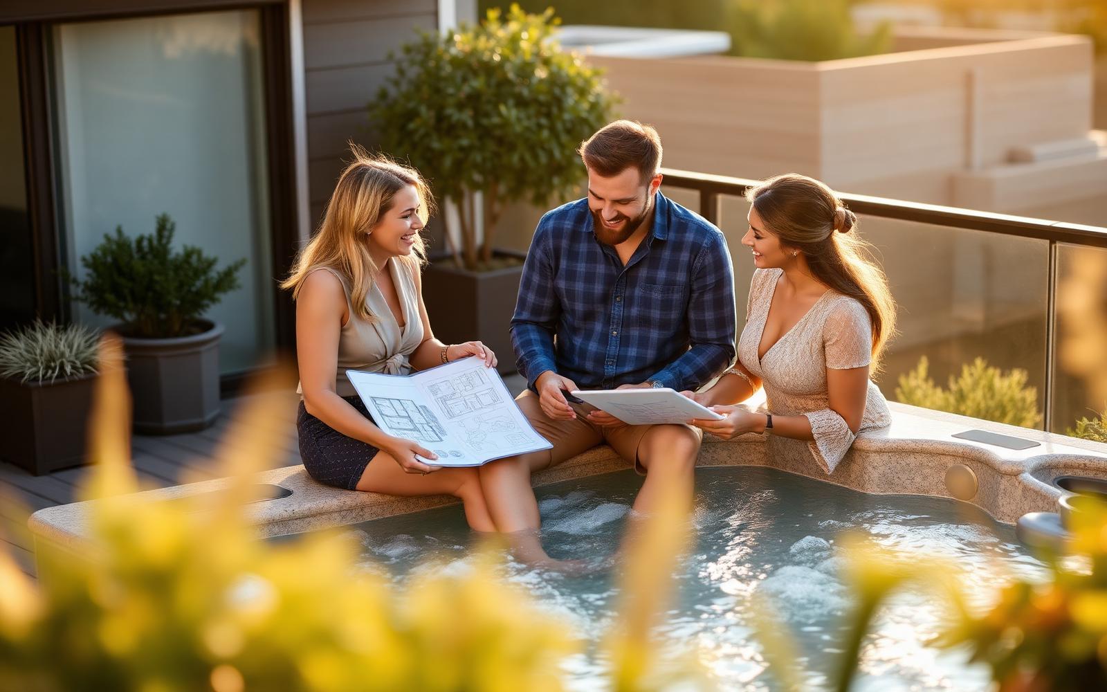 Wellness consultant reviewing backyard plans with homeowners on a luxury outdoor terrace